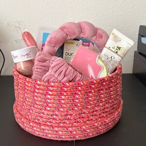 Pink Woven Basket with Beauty Products